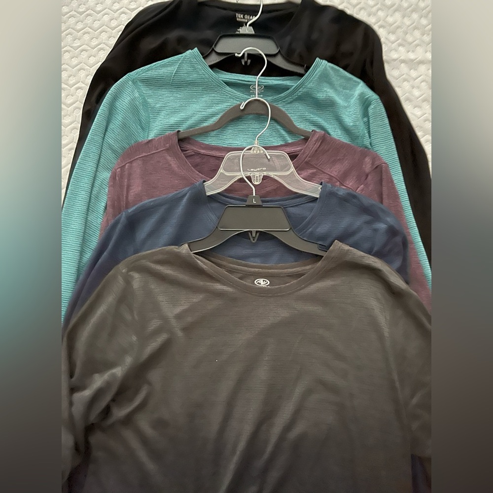 Lot of 7 Women’s Active wear long sleeve wicking shirts large nwot